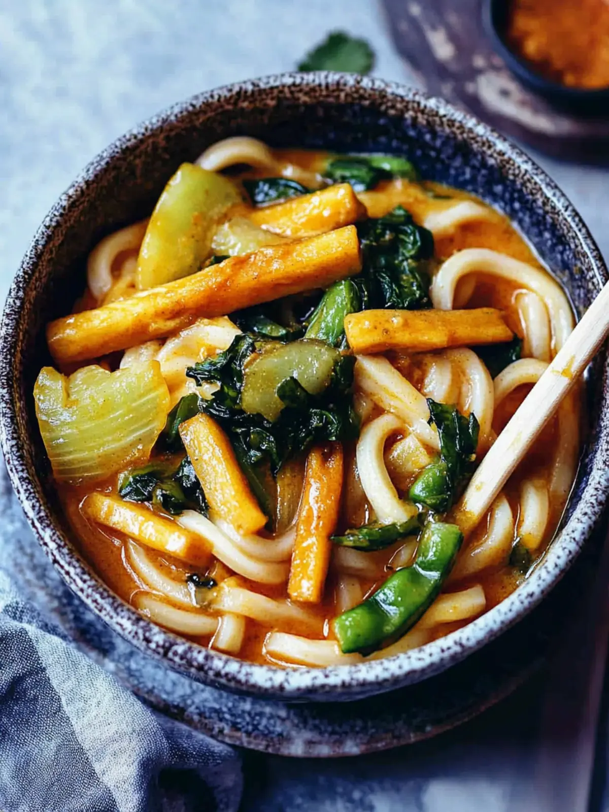 Udon-Nudeln mit Curry-Gemüse
