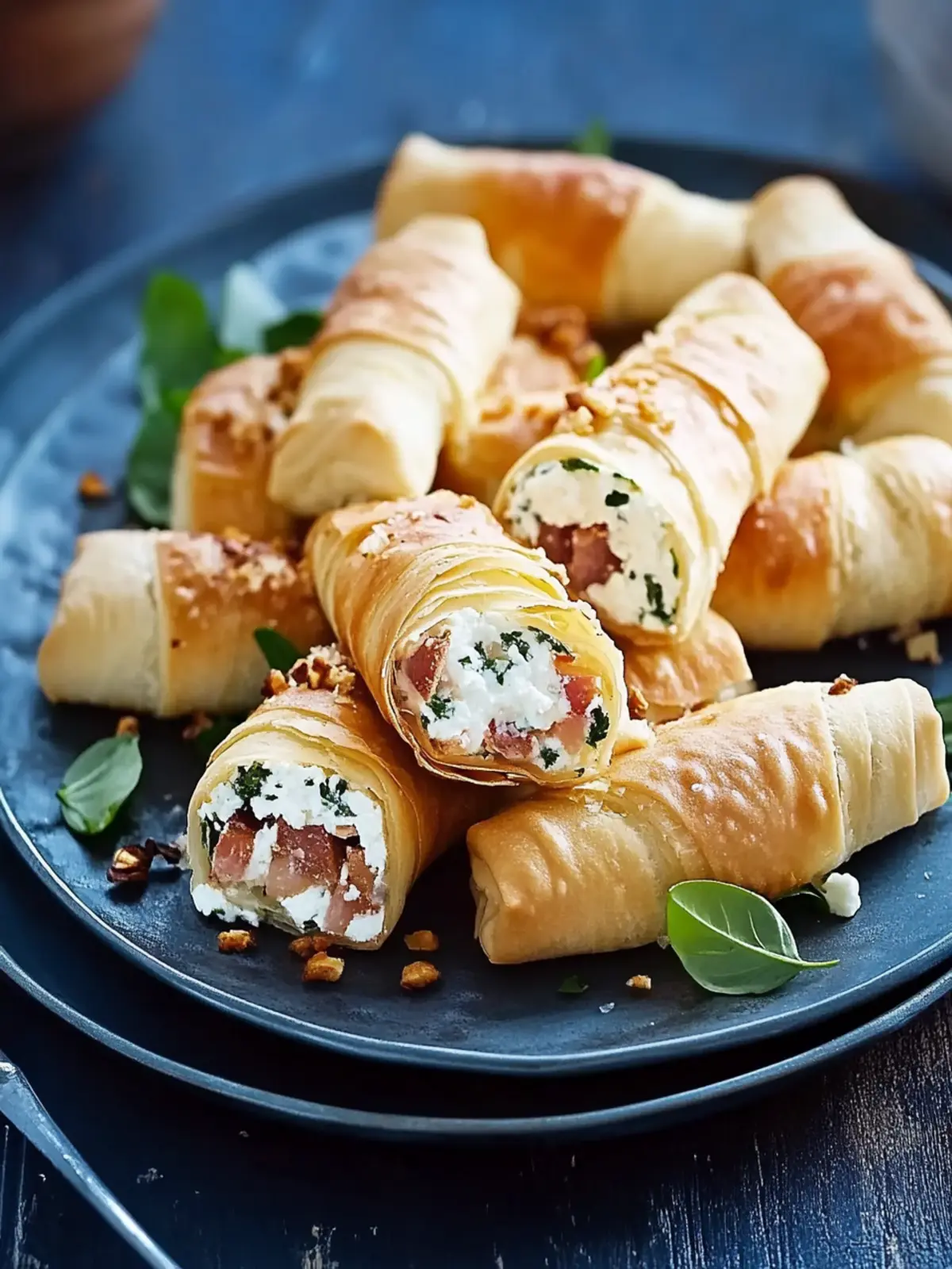 Puff pastry rolls with ricotta, bacon, and peas