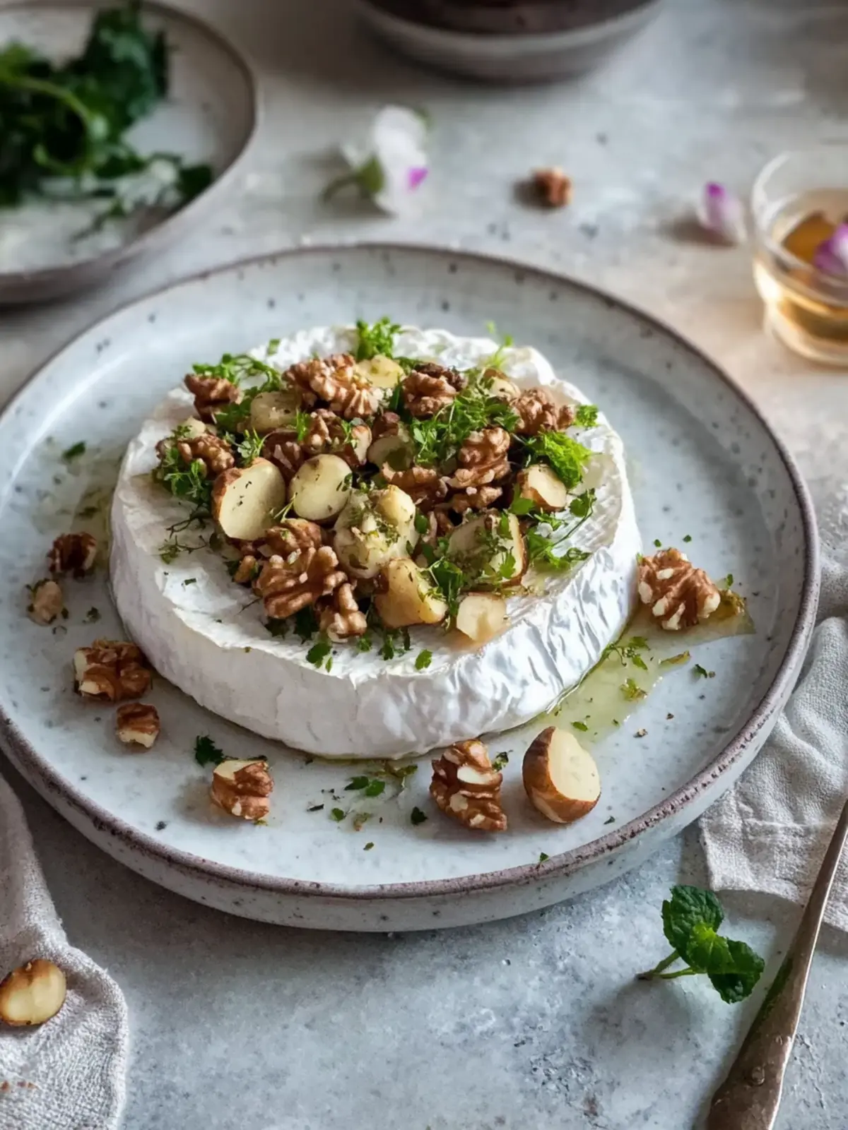 Camembert with walnuts and Brussels sprouts vegetables