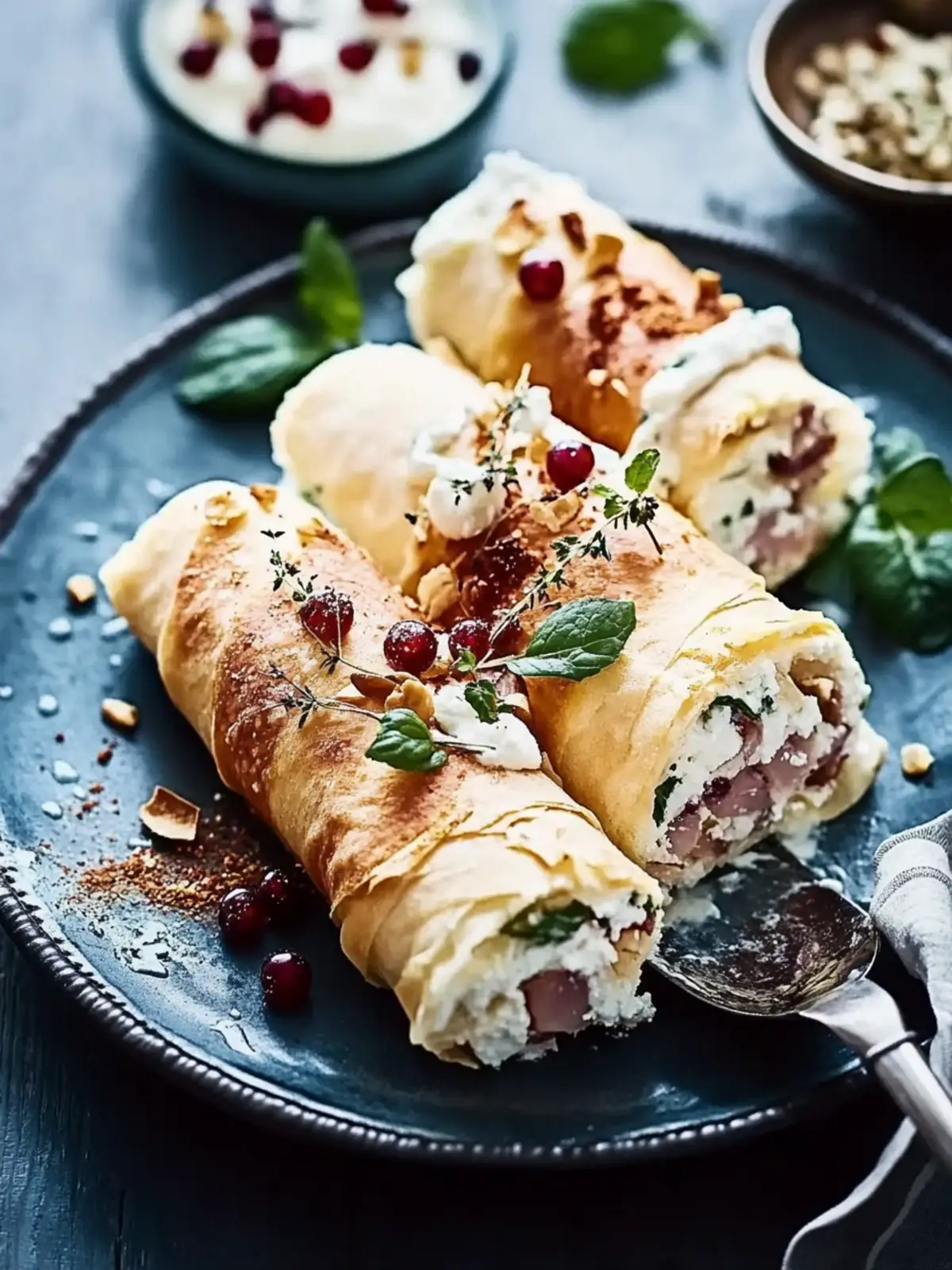 Puff pastry rolls with ricotta, bacon, and peas