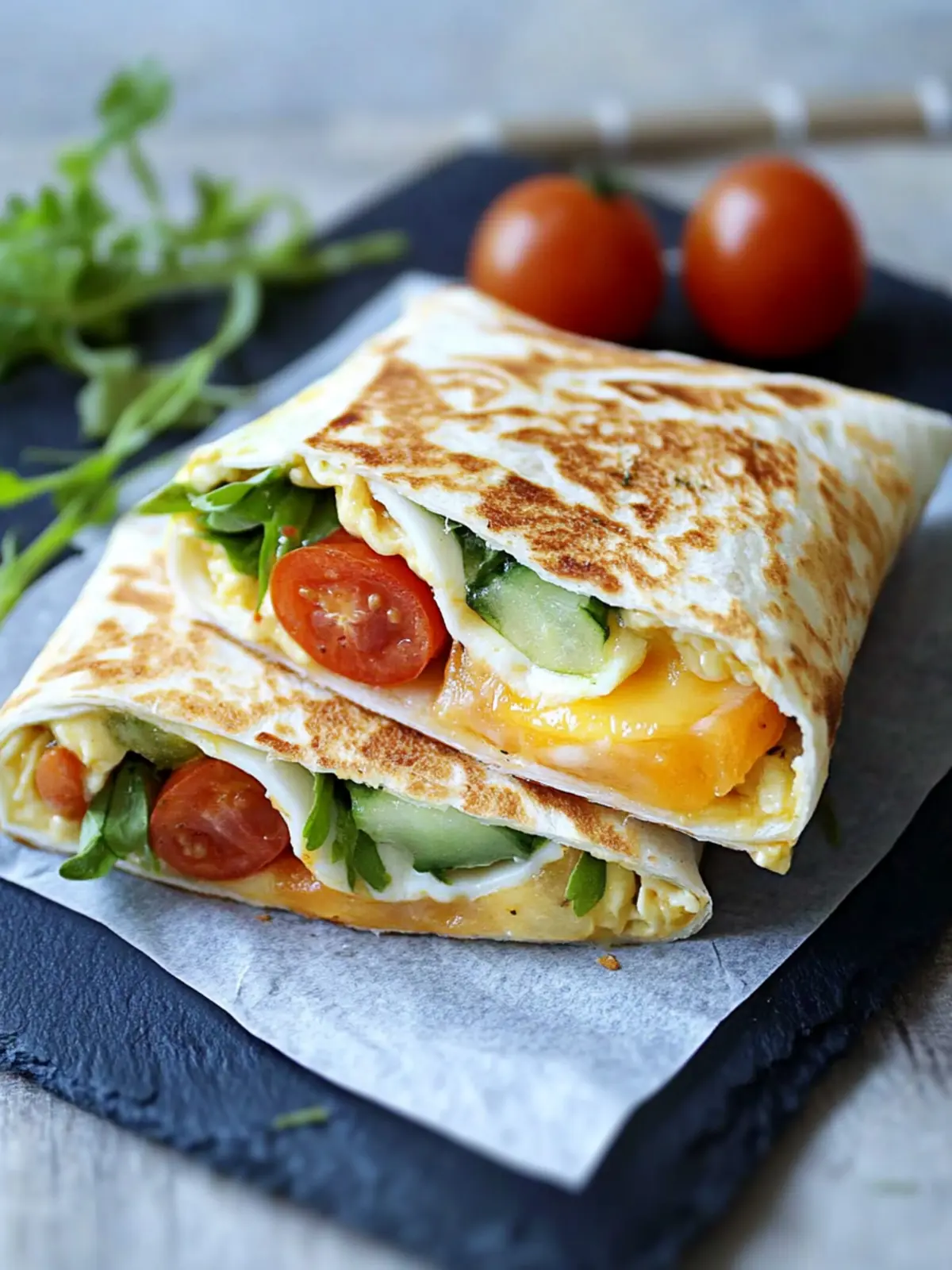 Frühstückswrap mit Ei, Käse und Tomaten