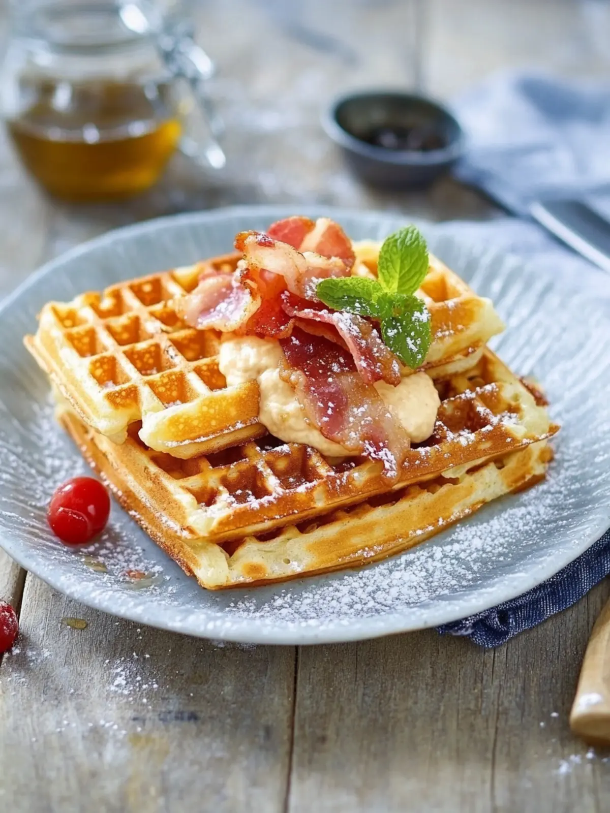 Herzhafte Waffeln mit Spiegelei und Bacon