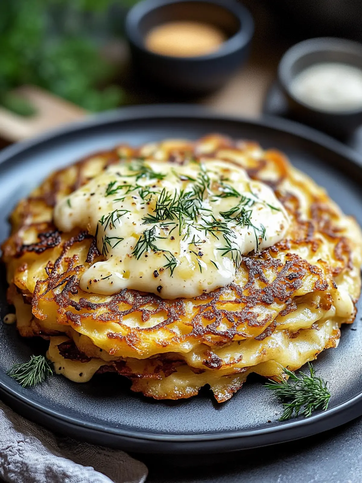 Entdecken Sie Mozzarella-Rösti mit Zwiebel-Pilzrahmsauce