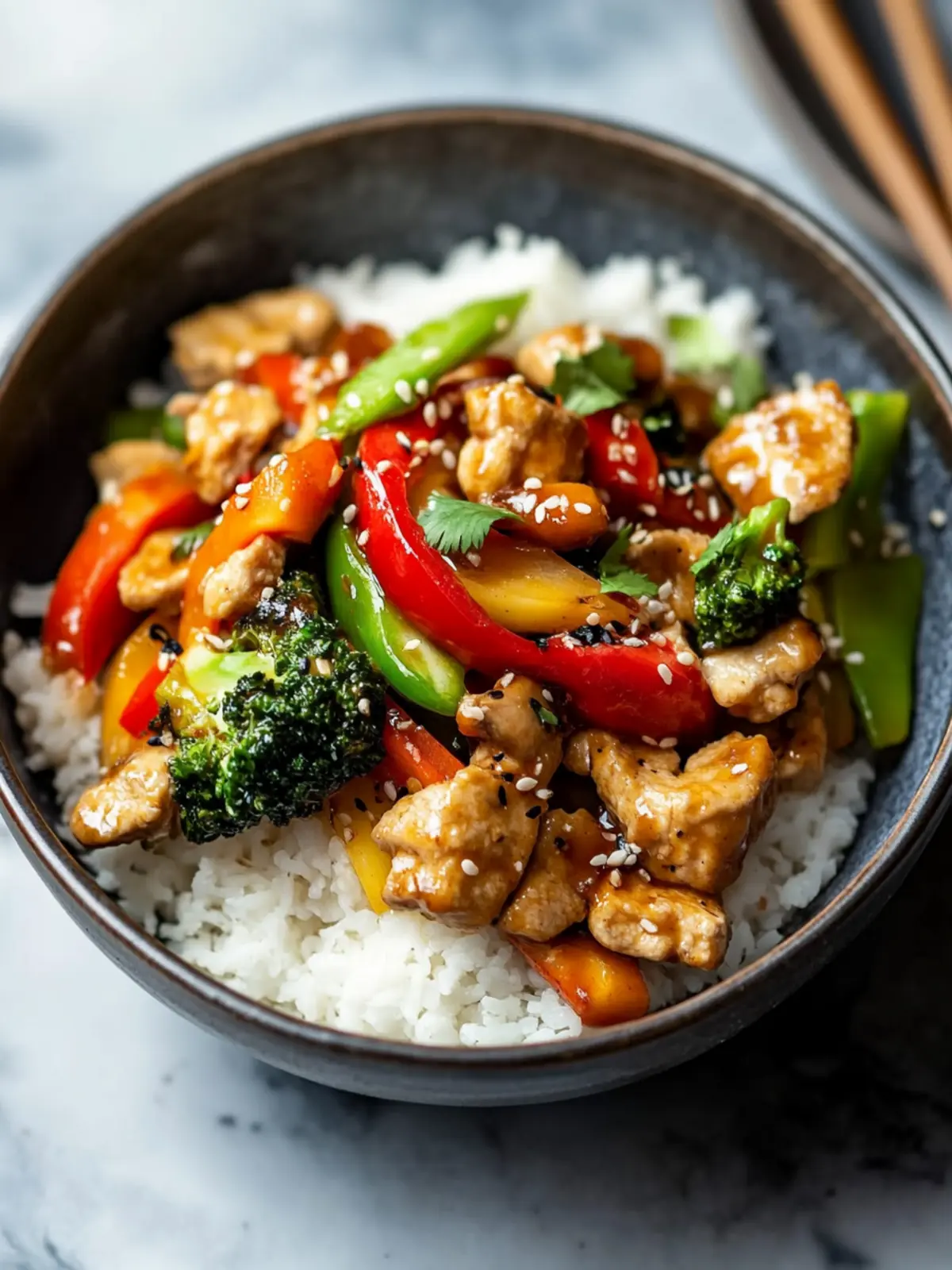 Wok-Gemüse mit gebratener Pute und Reis