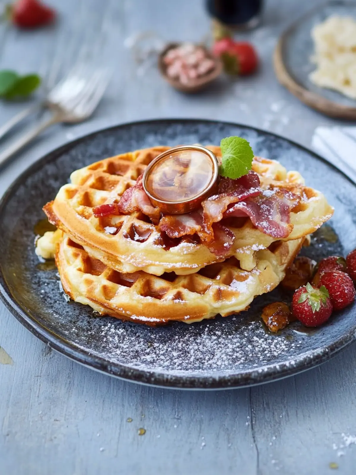 Herzhafte Waffeln mit Spiegelei und Bacon