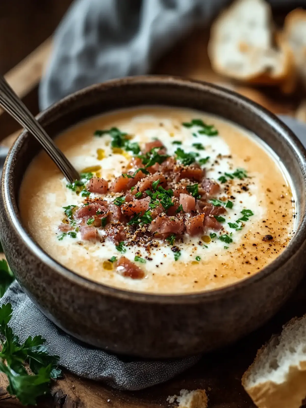 Friss-dich-dumm-Suppe is a creamy cheese soup with minced meat