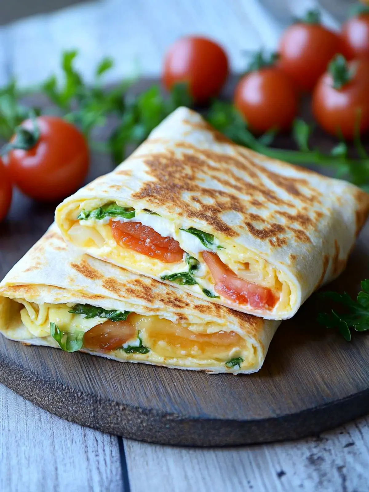 Frühstückswrap mit Ei, Käse und Tomaten