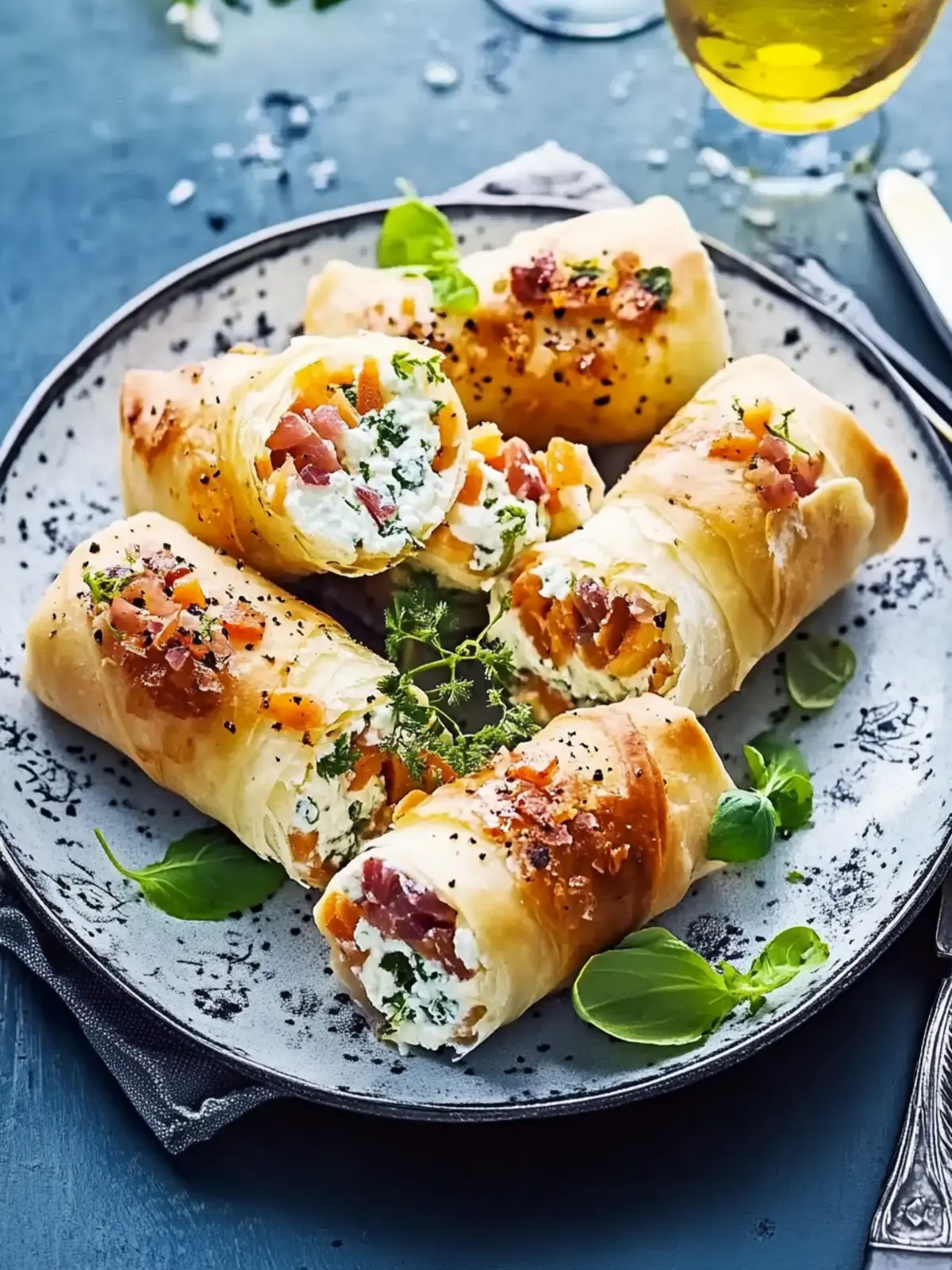 Puff pastry rolls with ricotta, bacon, and peas