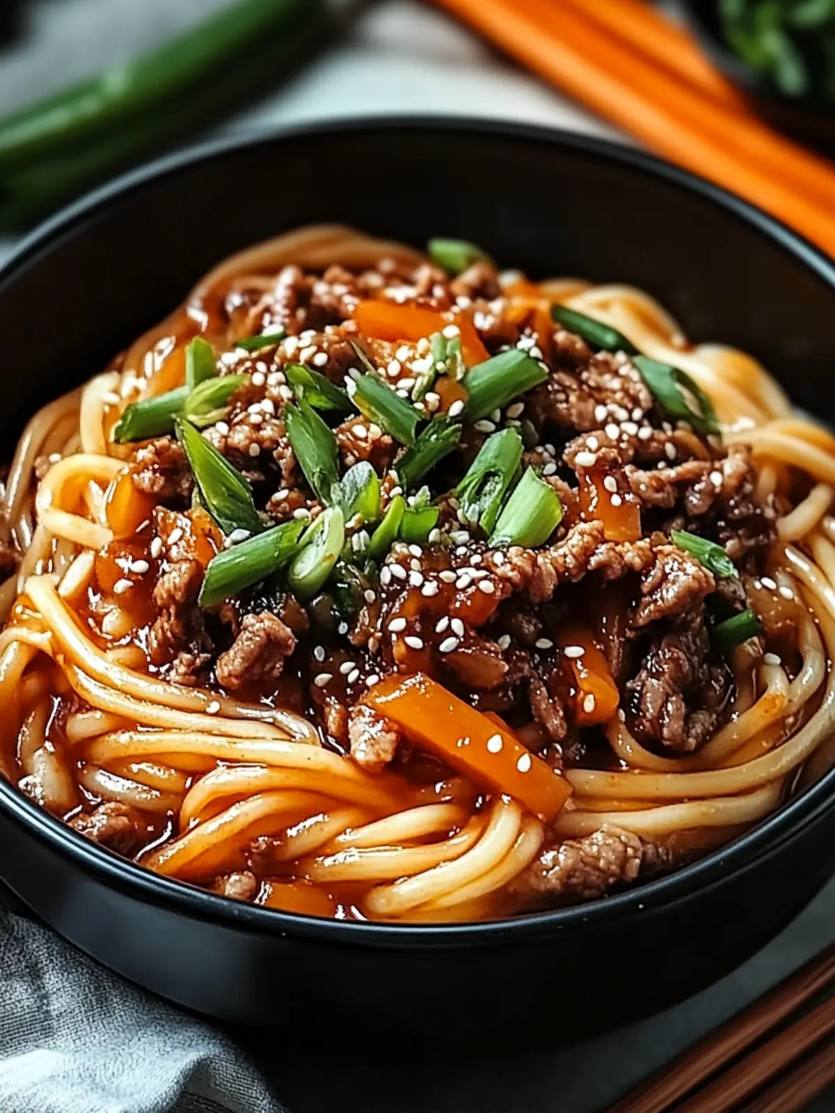 Würzige koreanische Gochujang-Rindfleisch-Nudeln