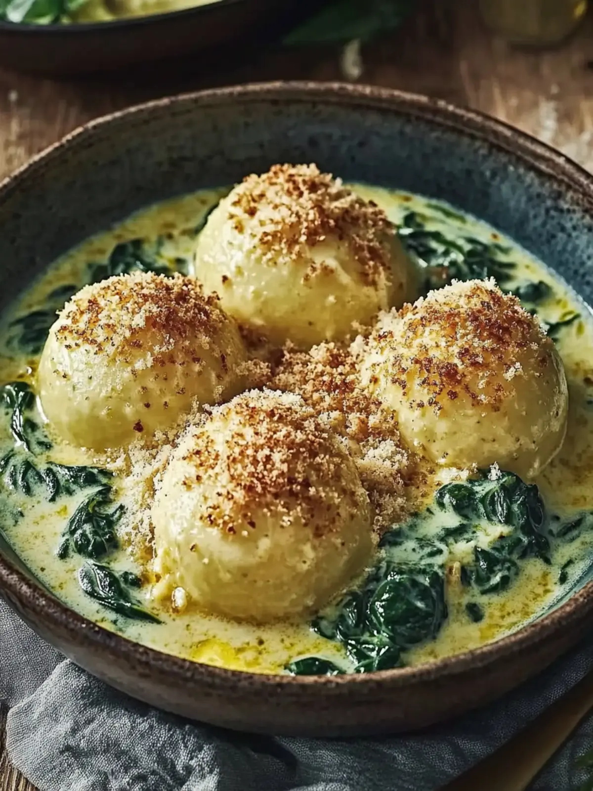 Potato dumplings with spinach cheese sauce – savory & creamy