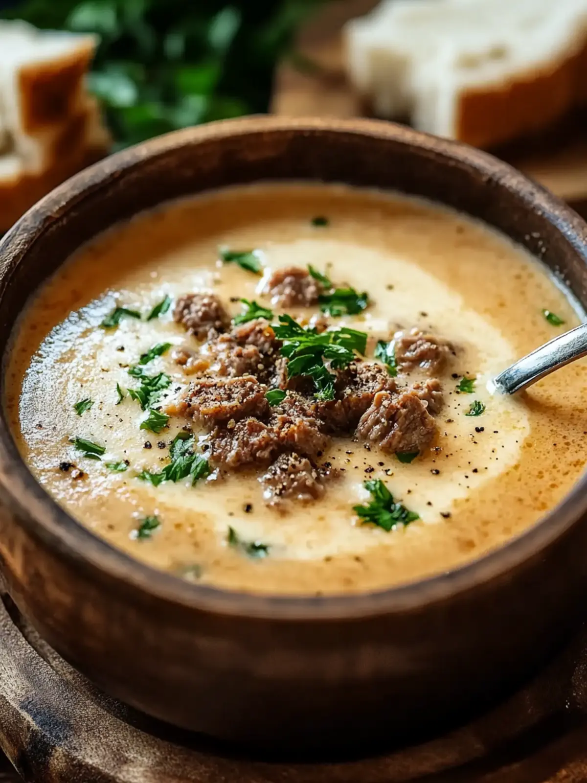 Friss-dich-dumm-Suppe is a creamy cheese soup with minced meat