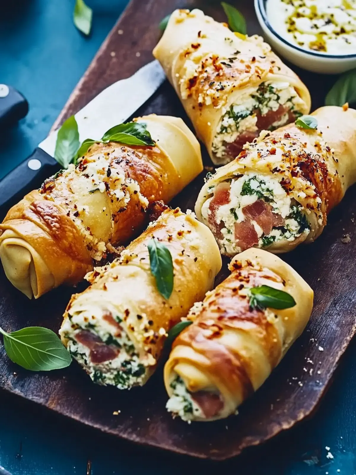 Puff pastry rolls with ricotta, bacon, and peas