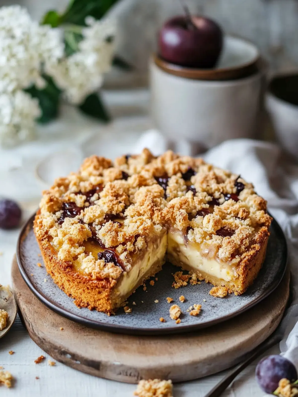 Plum cake with pudding and crumbles