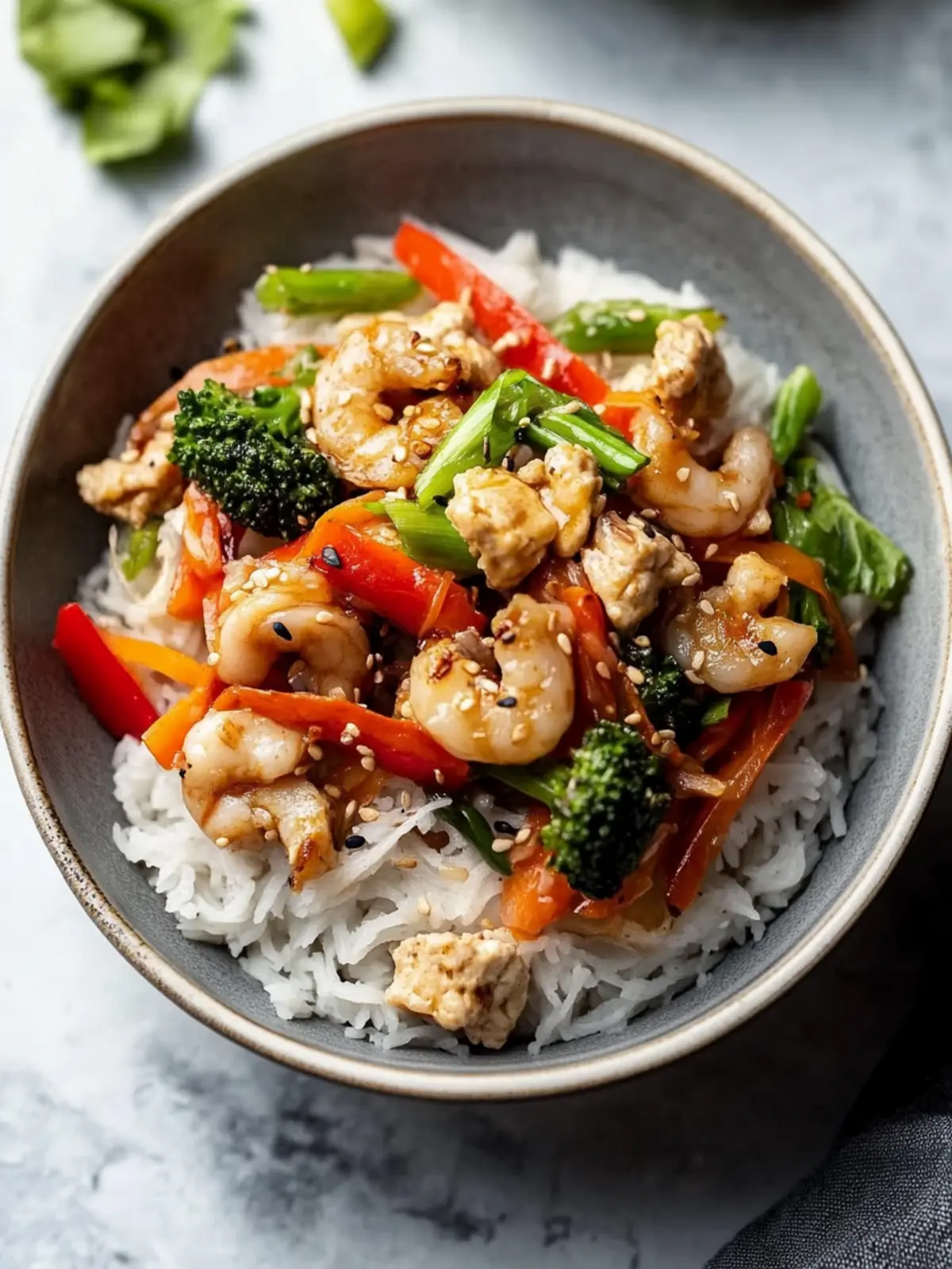 Wok-Gemüse mit gebratener Pute und Reis