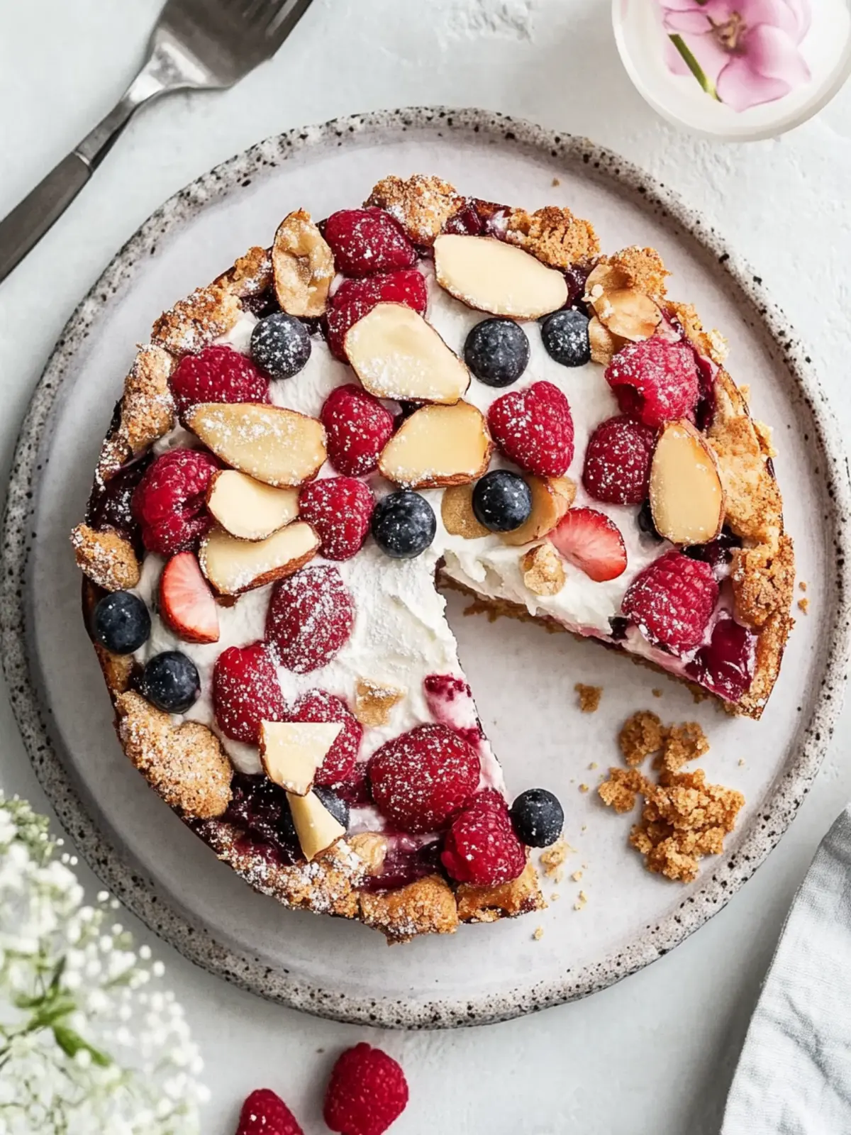 Delicious plum cake with almond crust