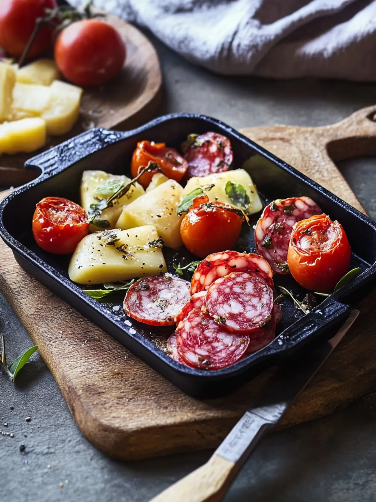 Raclette Pfännchen mit Salami und Tomaten