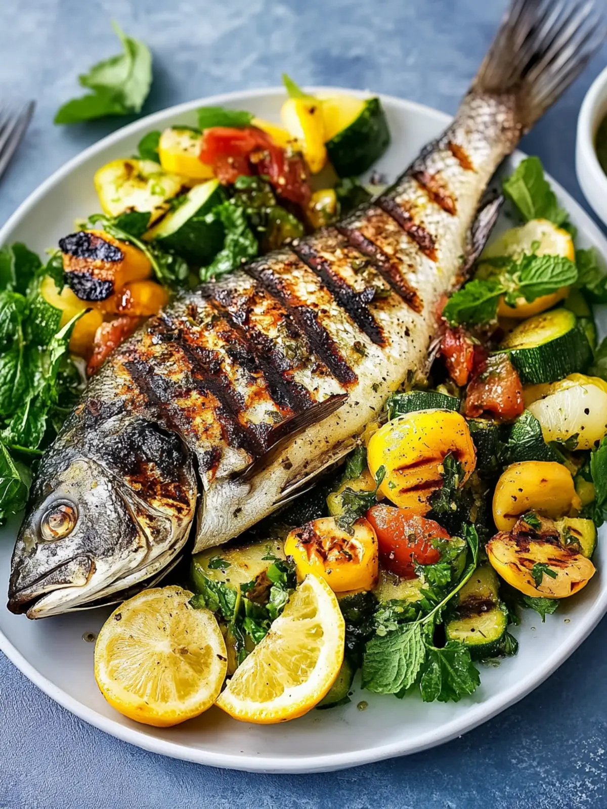 Grilled dorade with marinated vegetables