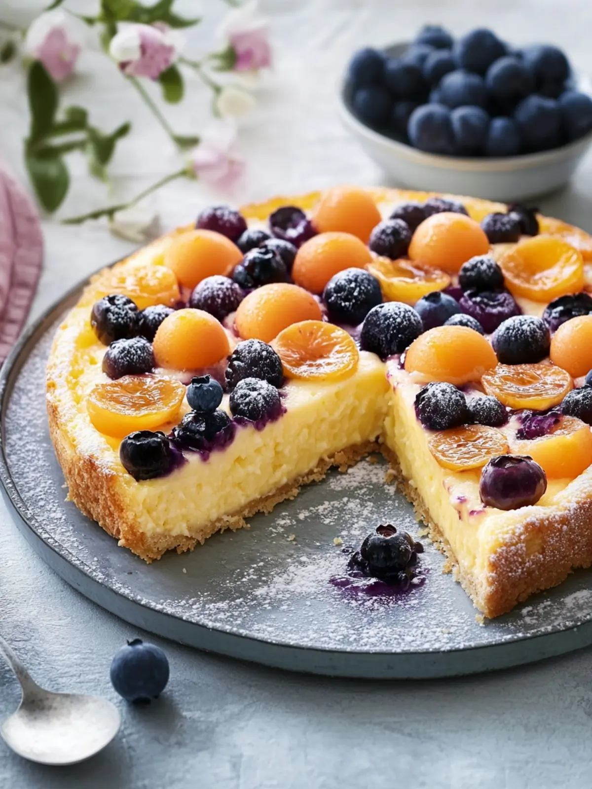 Pfirsich-Heidelbeer-Blechkuchen