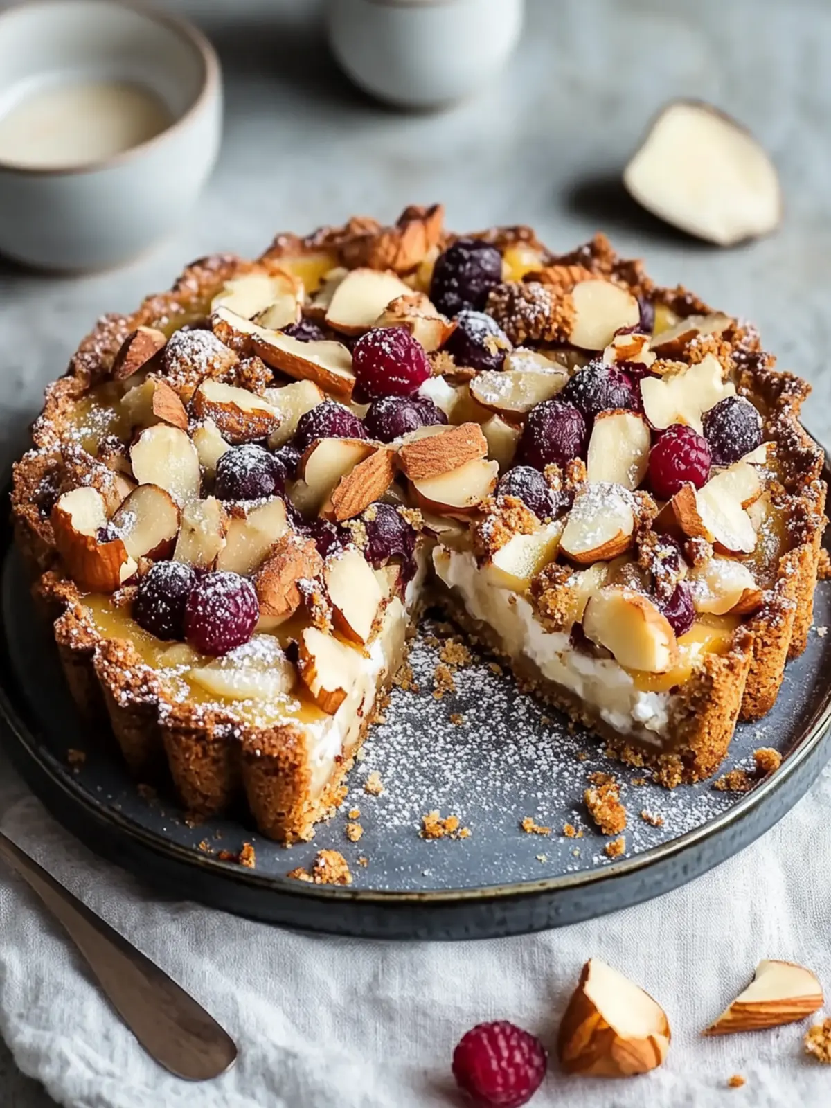 Delicious plum cake with almond crust