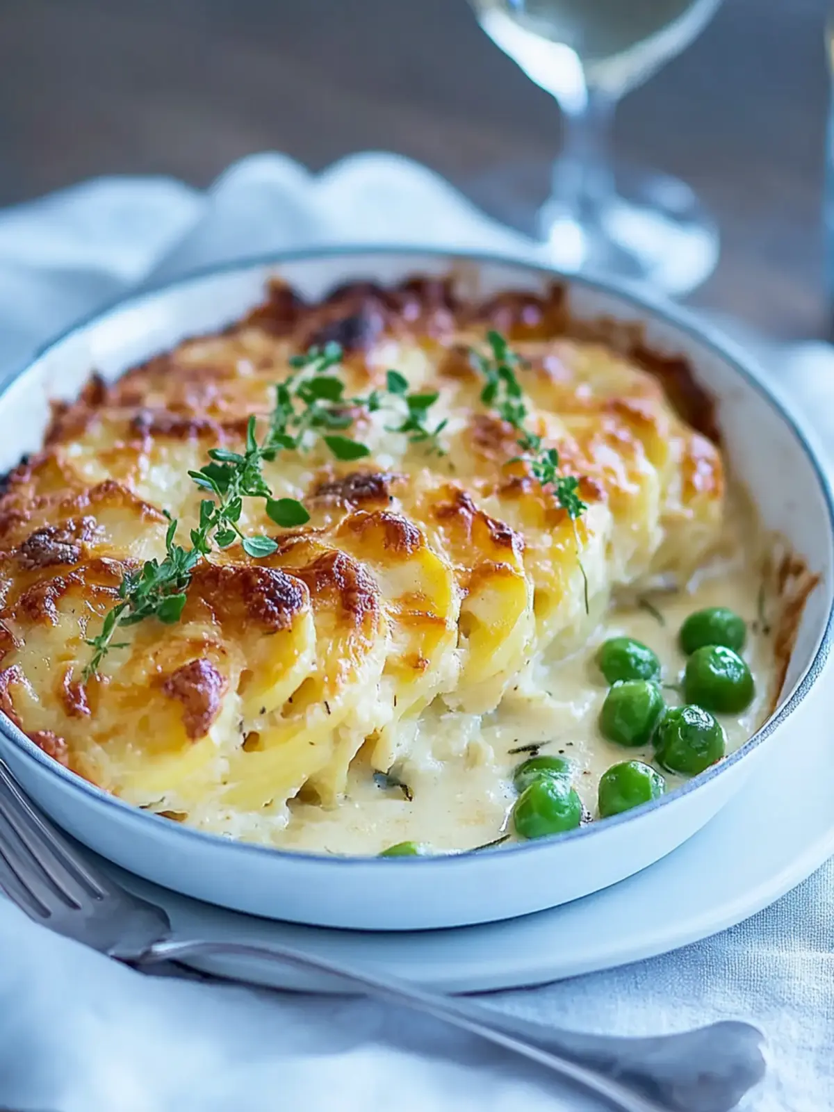 Chicken breast in tarragon cream sauce with potato gratin and peas