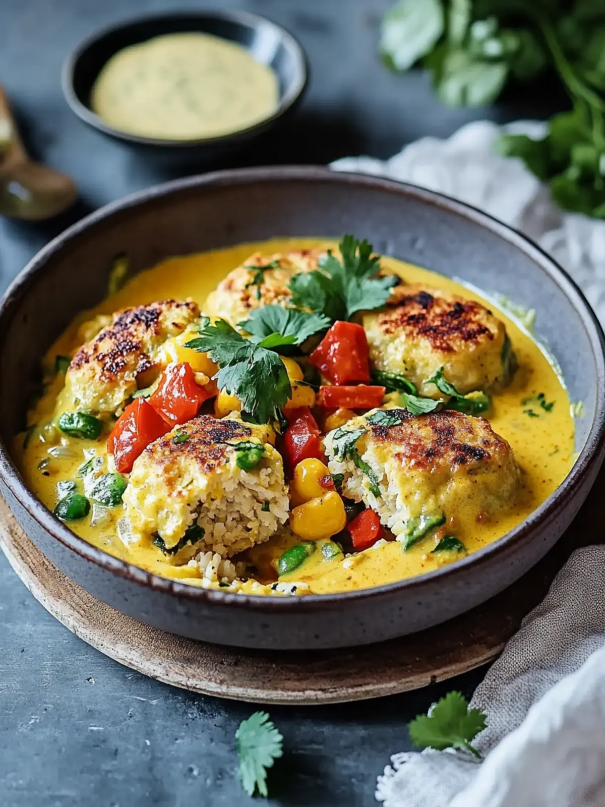 Veganische Linsenteigtaschen in cremiger Curry-Sauce genießen