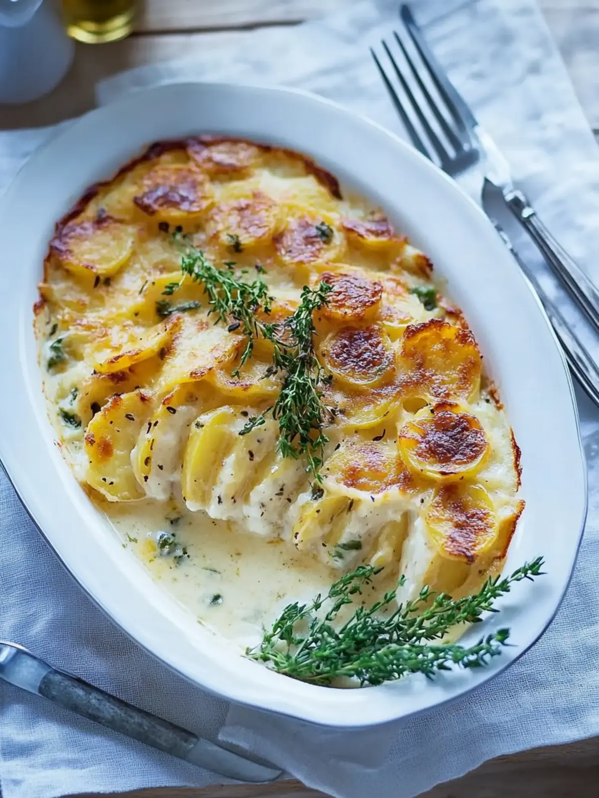 Chicken breast in tarragon cream sauce with potato gratin and peas