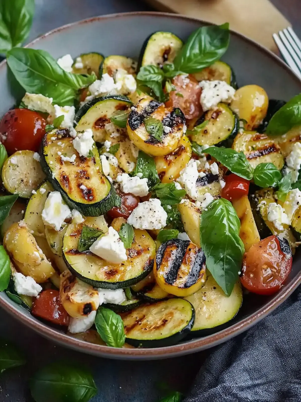 Zucchini Salat mit Feta und gegrillter Zucchini