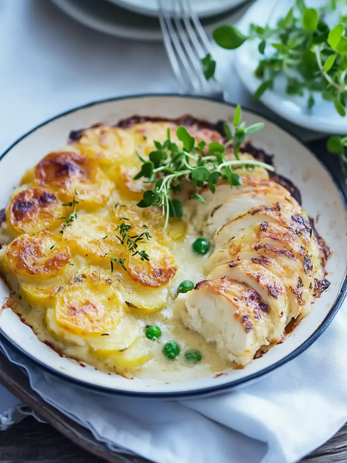 Chicken breast in tarragon cream sauce with potato gratin and peas