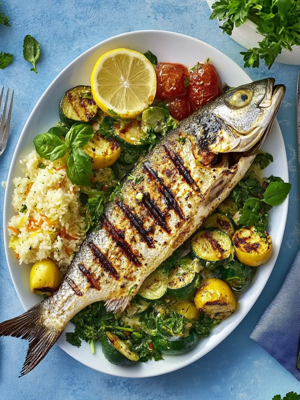 Grilled dorade with marinated vegetables