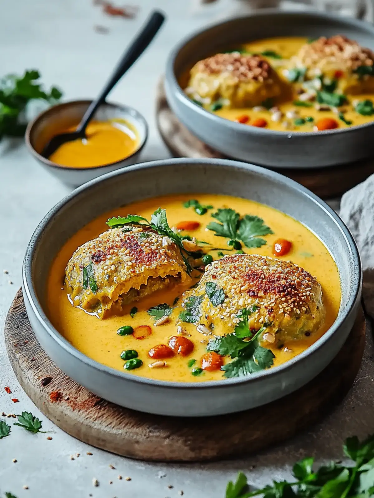 Veganische Linsenteigtaschen in cremiger Curry-Sauce genießen