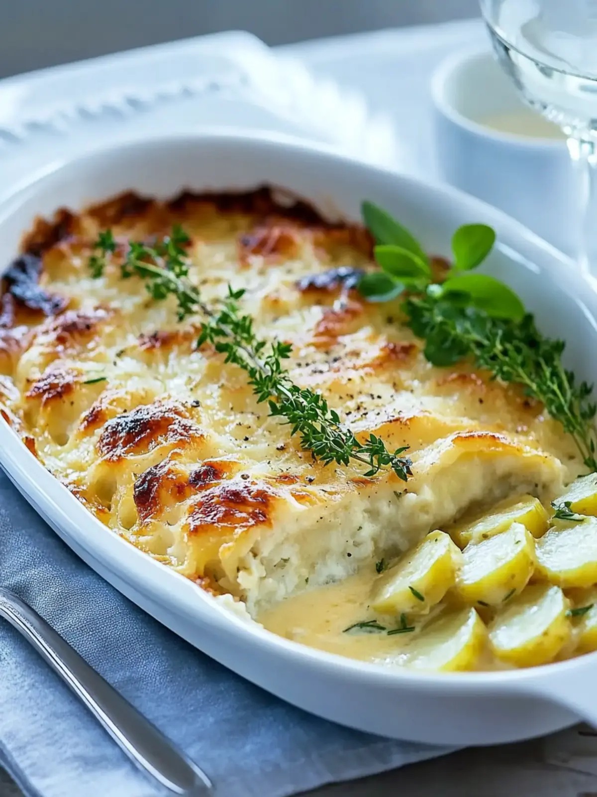 Chicken breast in tarragon cream sauce with potato gratin and peas