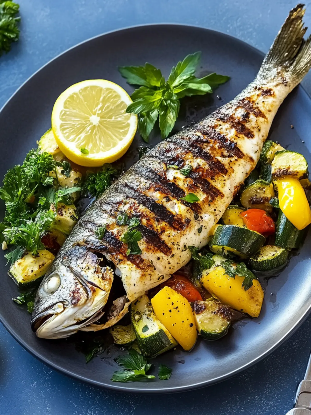 Grilled dorade with marinated vegetables