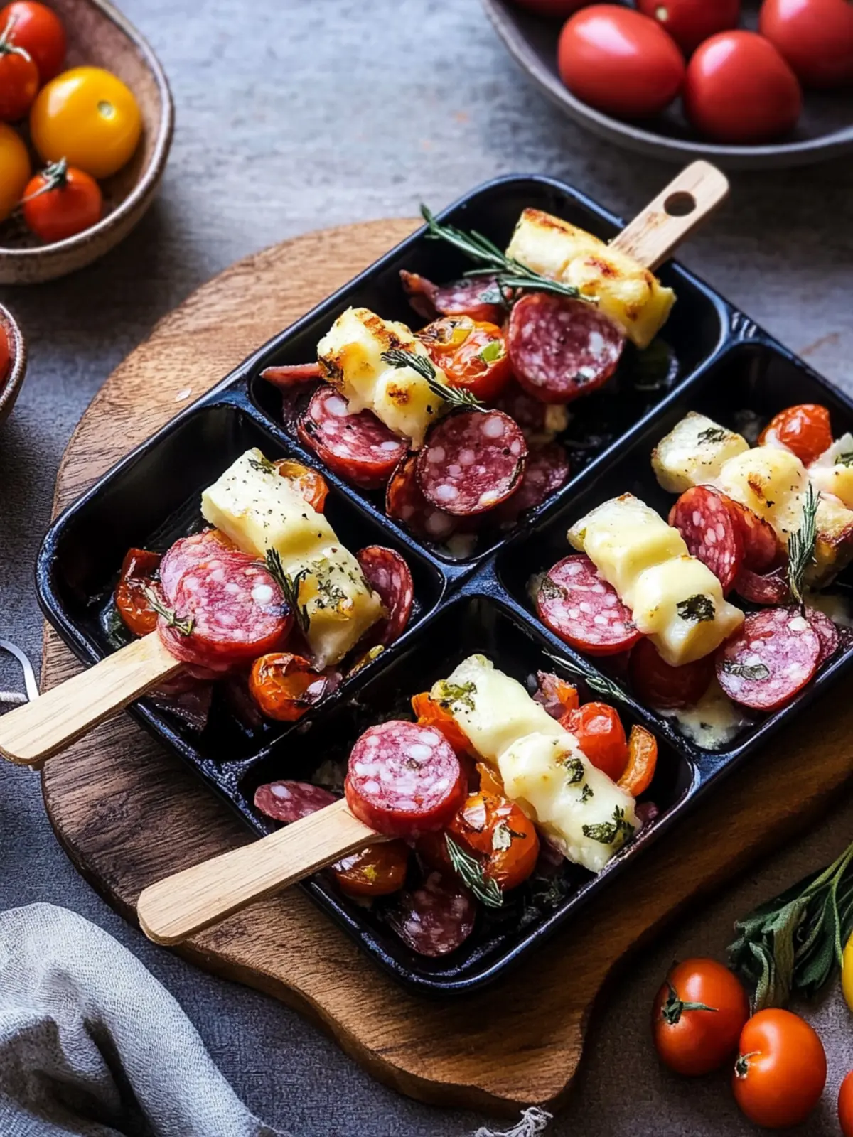 Raclette Pfännchen mit Salami und Tomaten