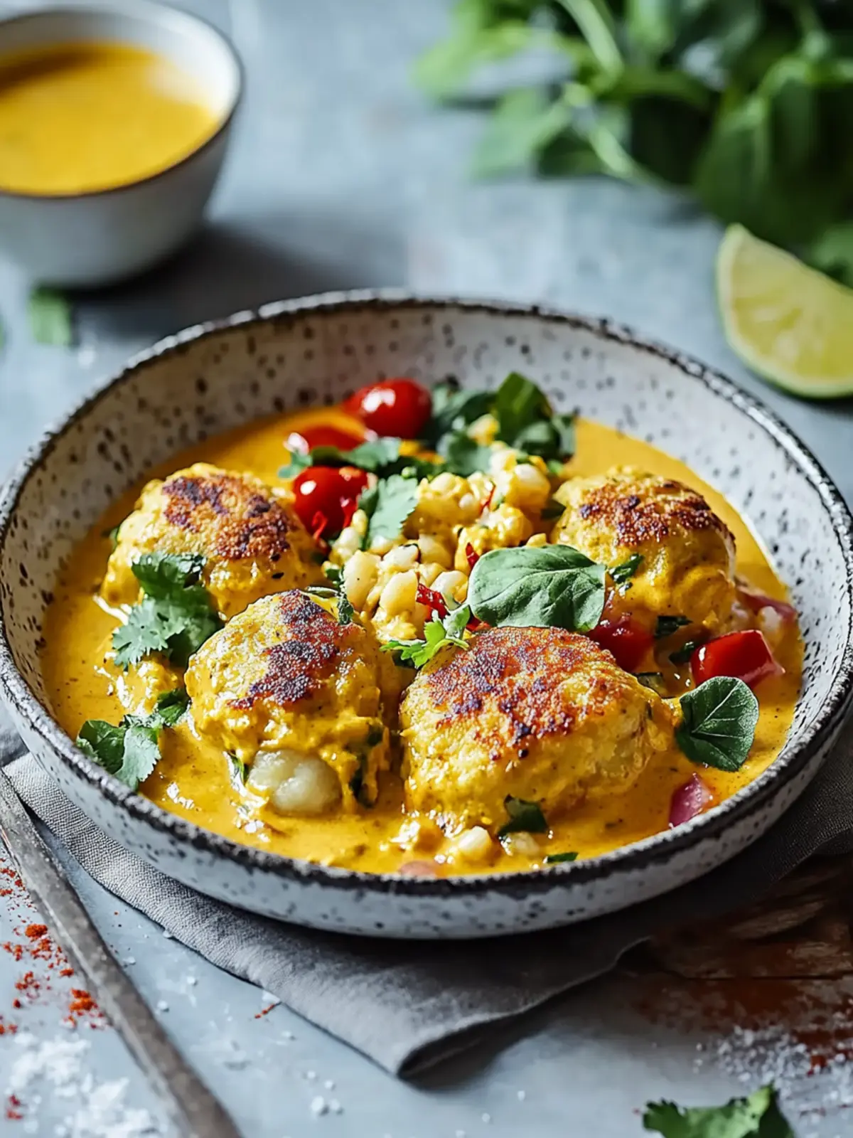 Veganische Linsenteigtaschen in cremiger Curry-Sauce genießen