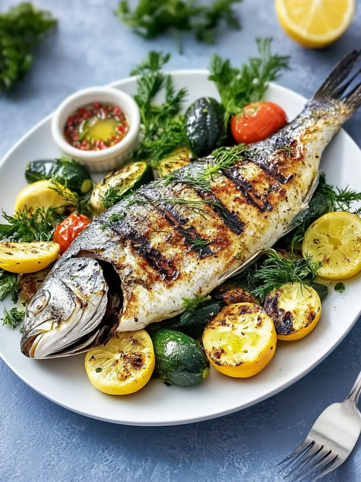 Grilled dorade with marinated vegetables