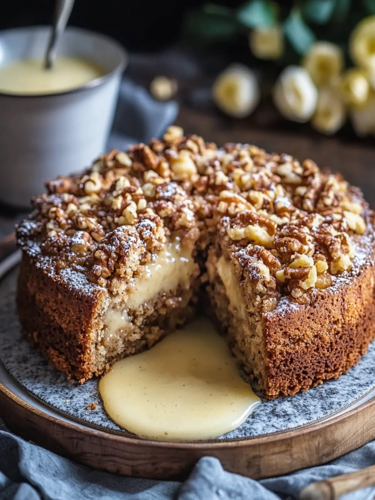 Pear-Walnut-Crumble Cake with Vanilla Sauce