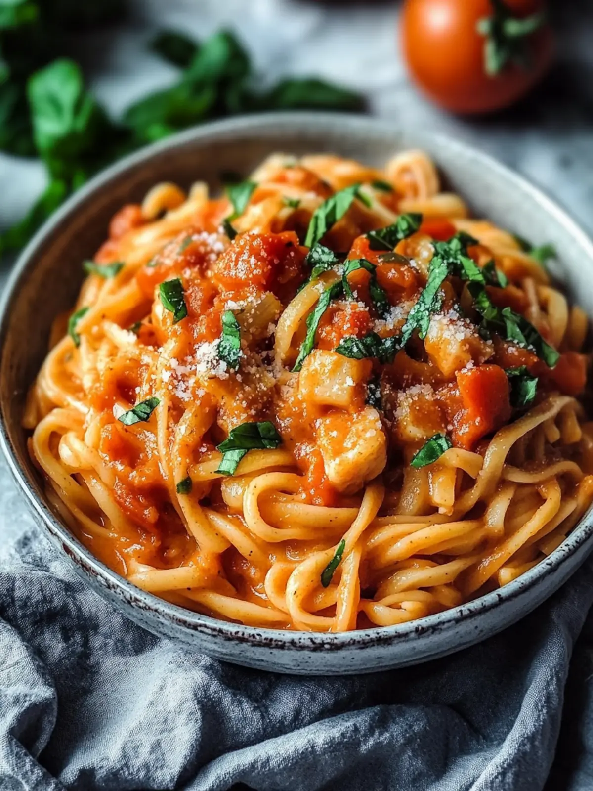 Veganer Eintopf-Nudeln mit cremiger Tomatensauce