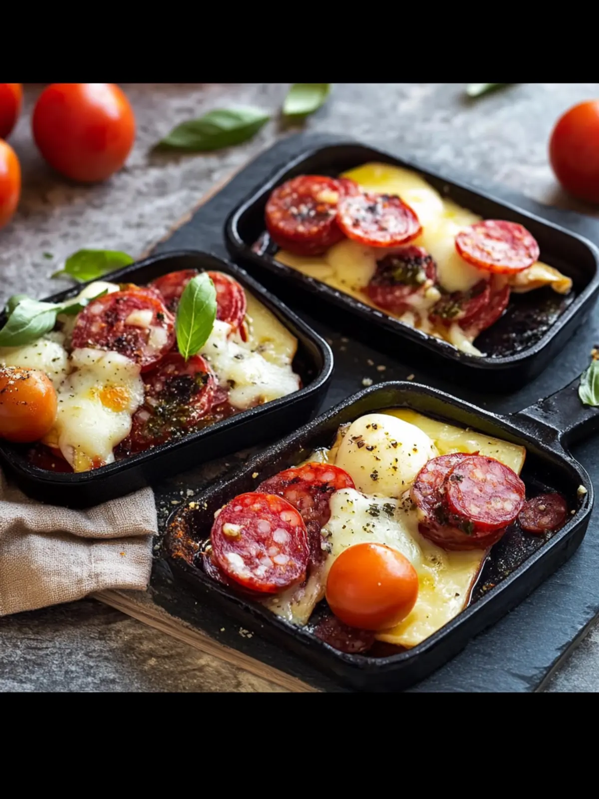 Raclette Pfännchen mit Salami und Tomaten