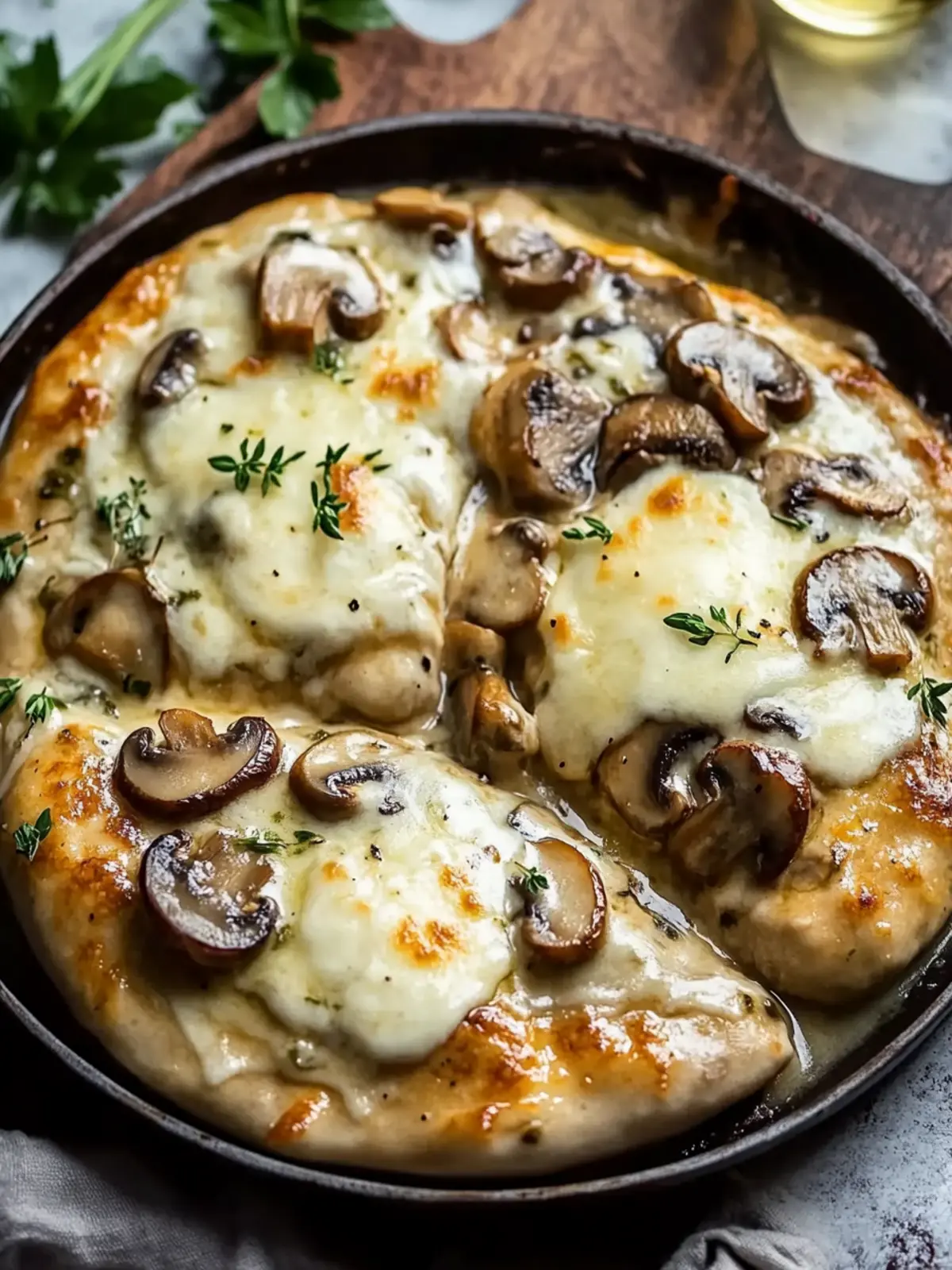 Hähnchenbrust mit Mozzarella und Champignons in Weißwein