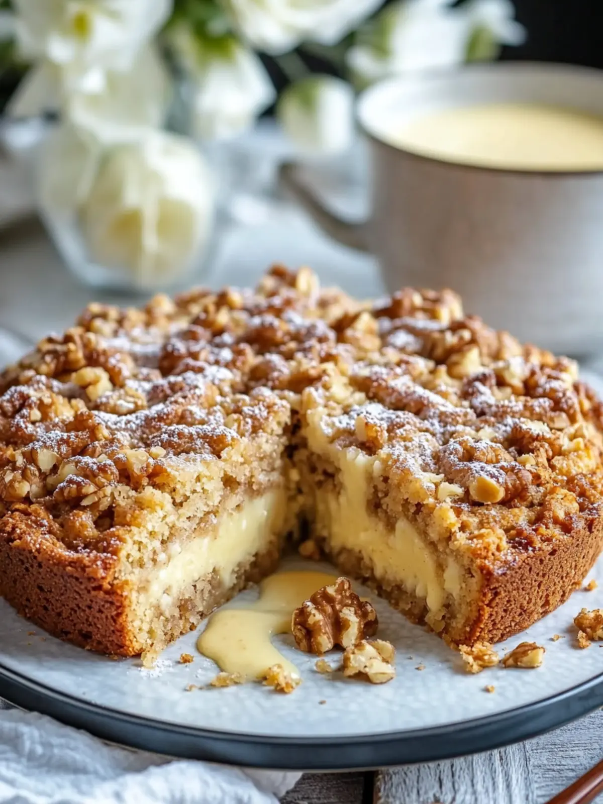 Pear-Walnut-Crumble Cake with Vanilla Sauce