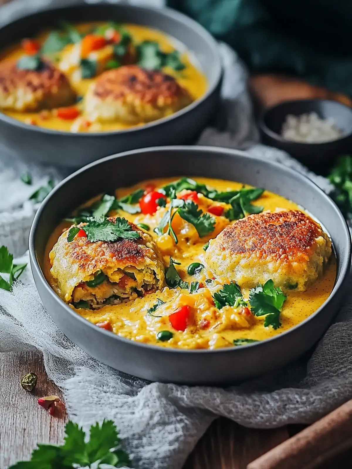 Veganische Linsenteigtaschen in cremiger Curry-Sauce genießen