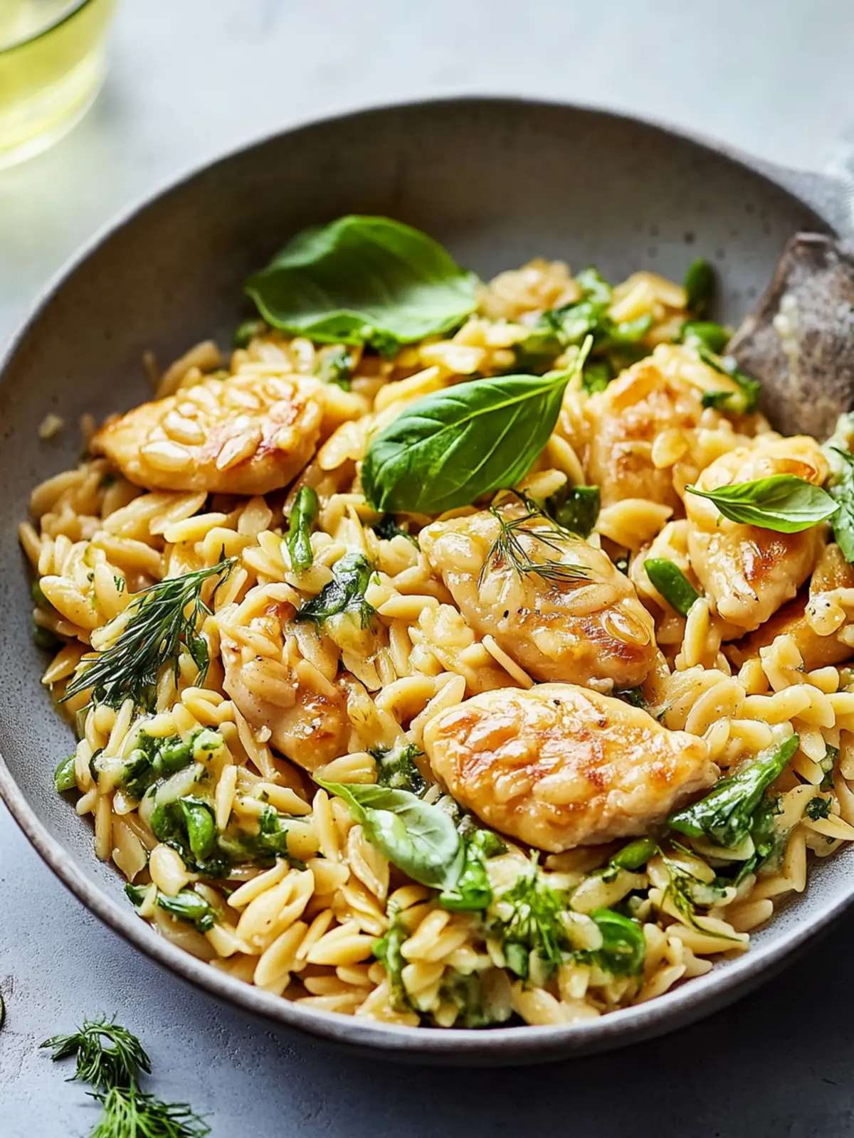 Hähnchen aus einer Pfanne mit buttrigen Orzo