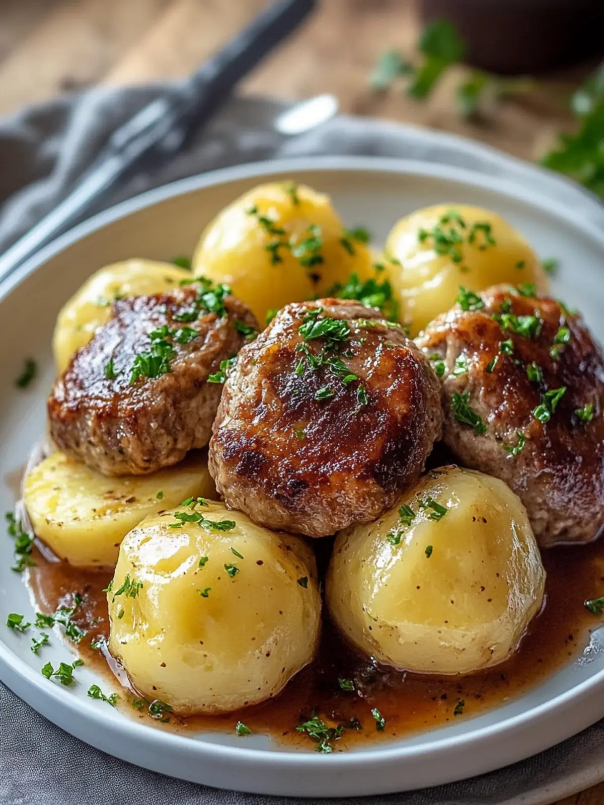 Klassische Kartoffelknödel mit zartem Rinderbraten und Soße