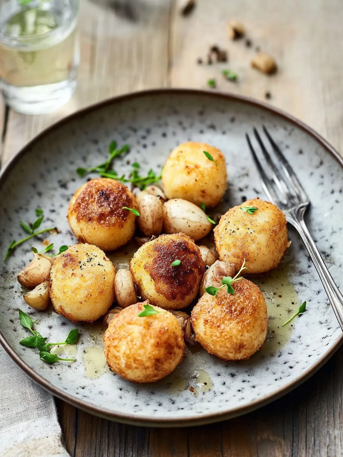Fried mini dumplings with porcini cream