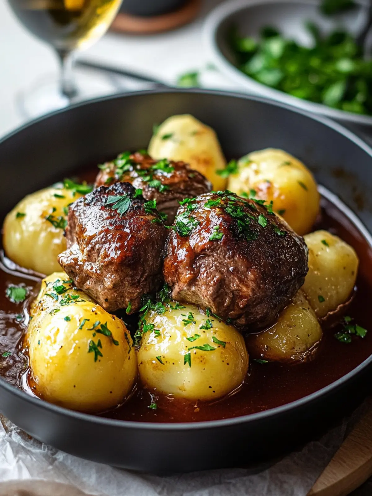Klassische Kartoffelknödel mit zartem Rinderbraten und Soße