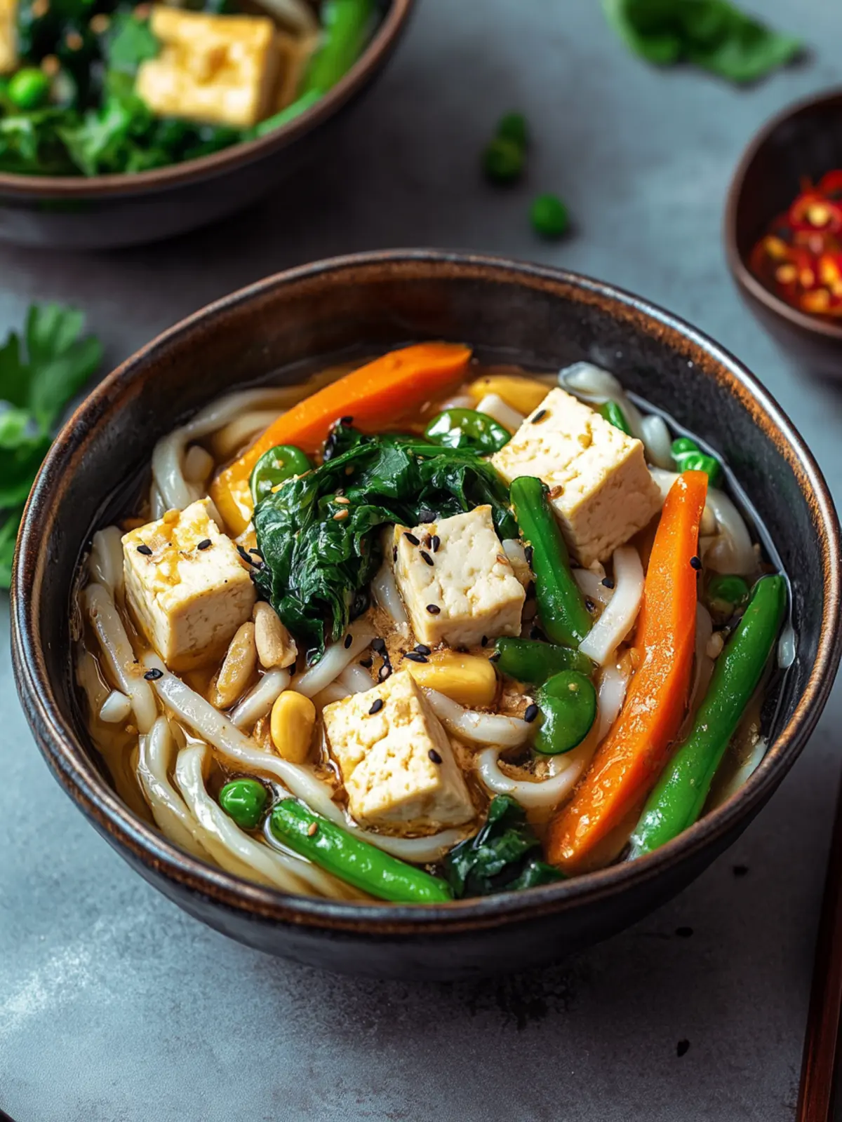 One-Pot Udon-Nudeln mit Ingwer-Gemüse und Tofu