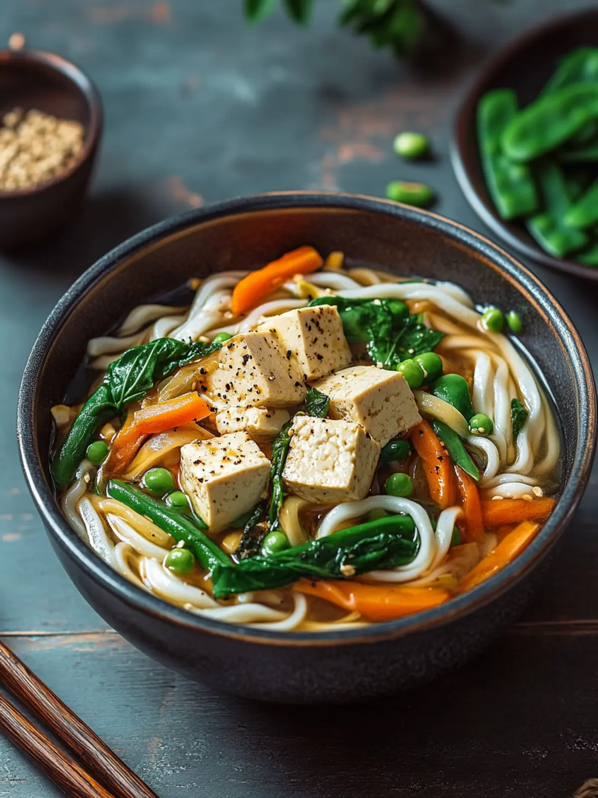 Ein-Topf Udon-Nudeln mit Ingwer-Gemüse und Tofu