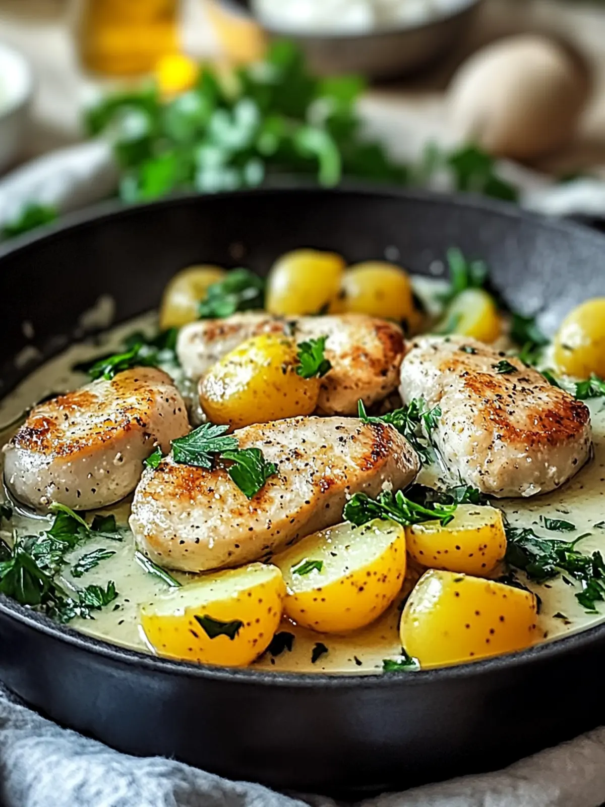 Knoblauchbutter Hähnchen Kartoffel Pfanne
