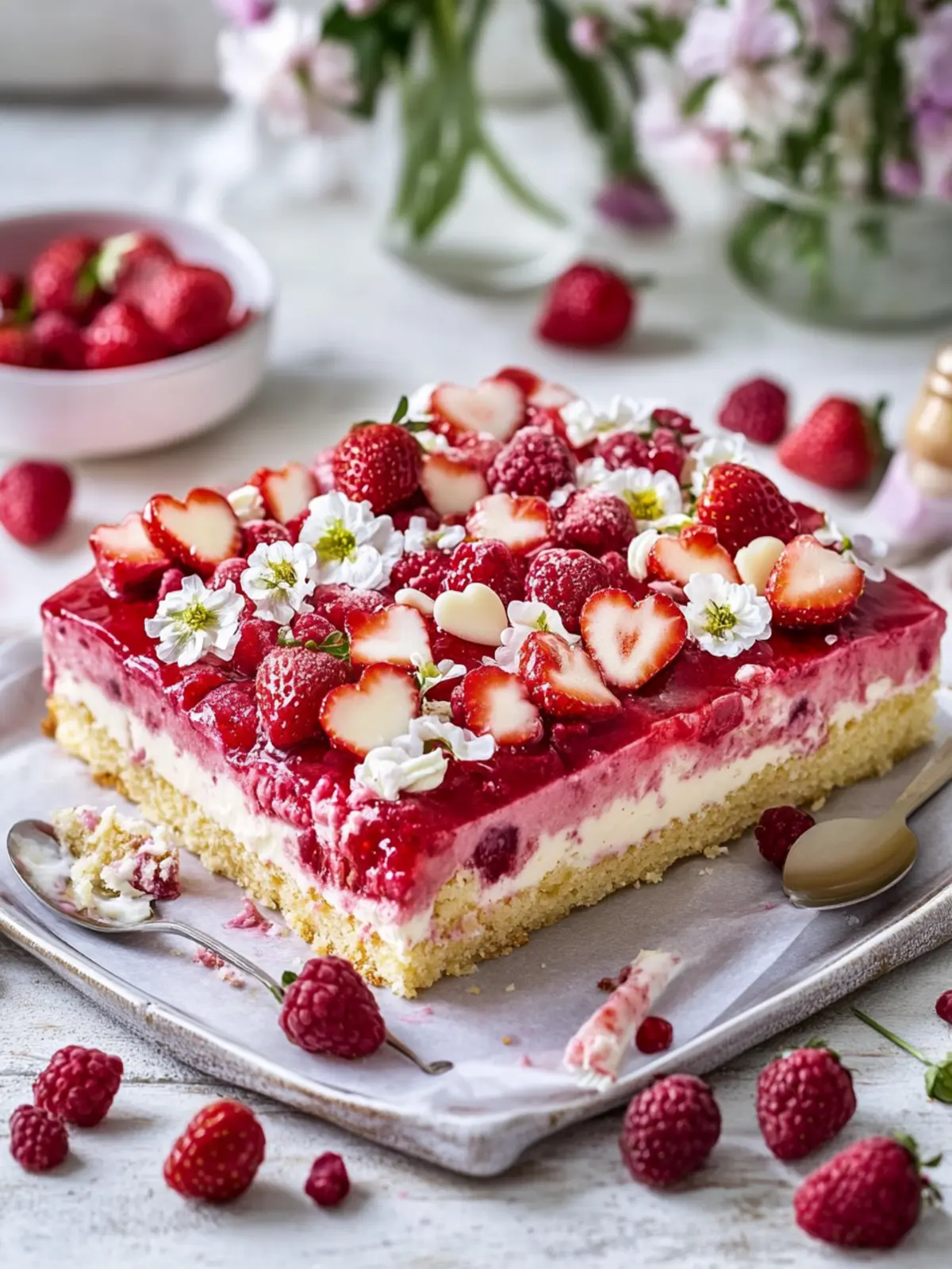 Erdbeer Vanillepudding Blechkuchen & Herztorte mit weißer Schokolade