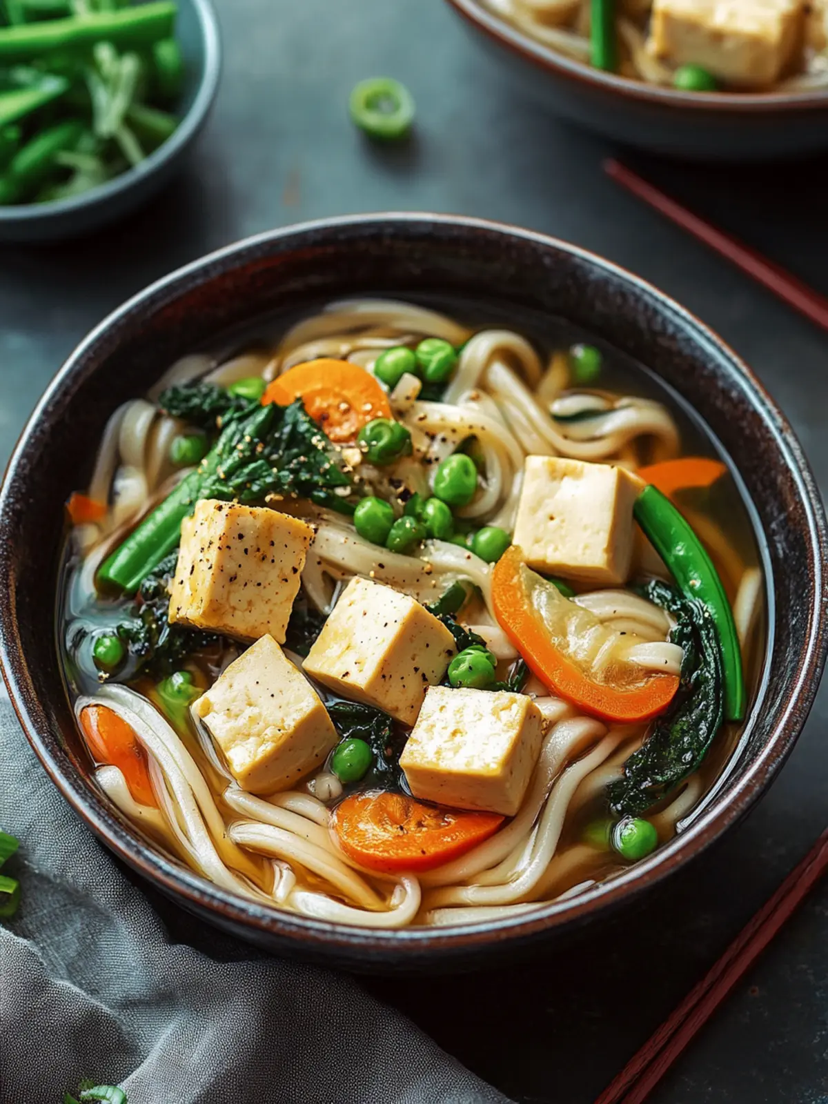 Ein-Topf Udon-Nudeln mit Ingwer-Gemüse und Tofu